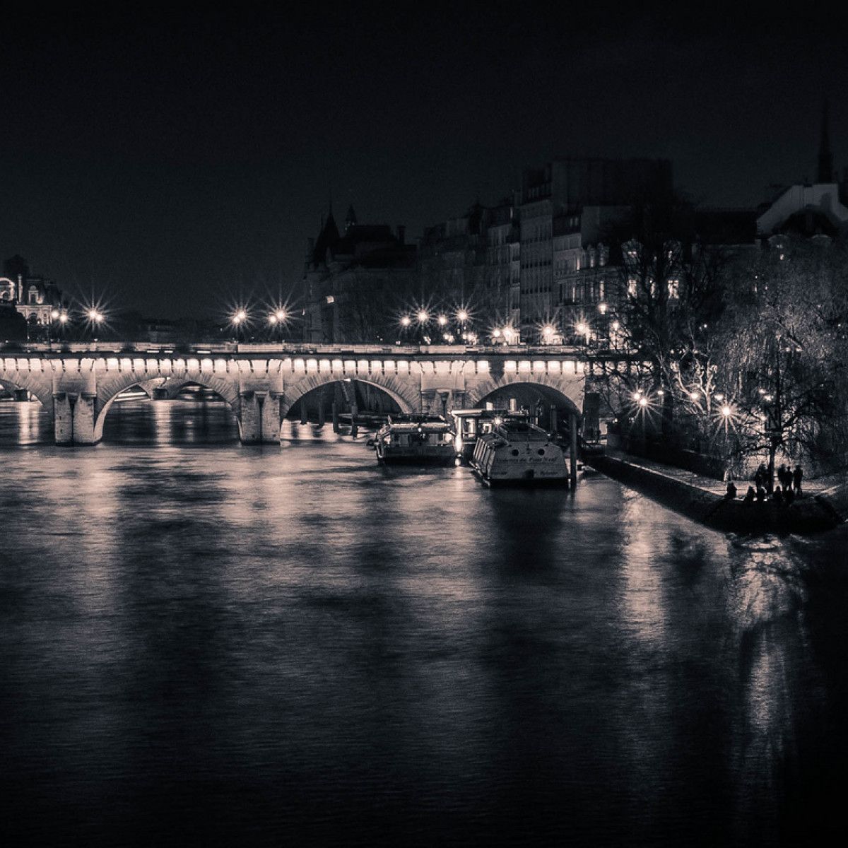 The Pont Neuf New Bridge and Seine river at night , Paris, France
