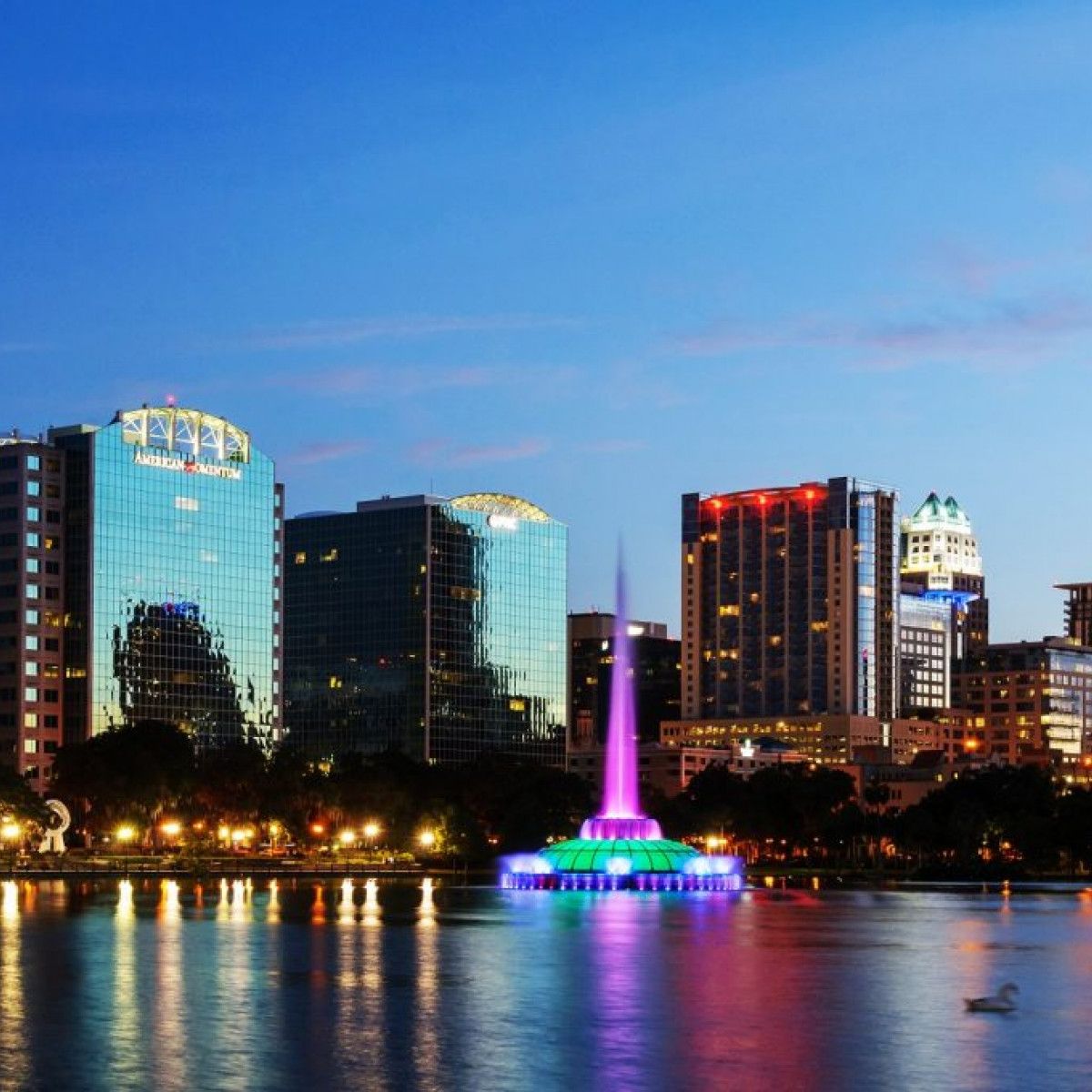 Orlando Florida Skyline & Fountain From Across Lake Eola~Continental  Postcard