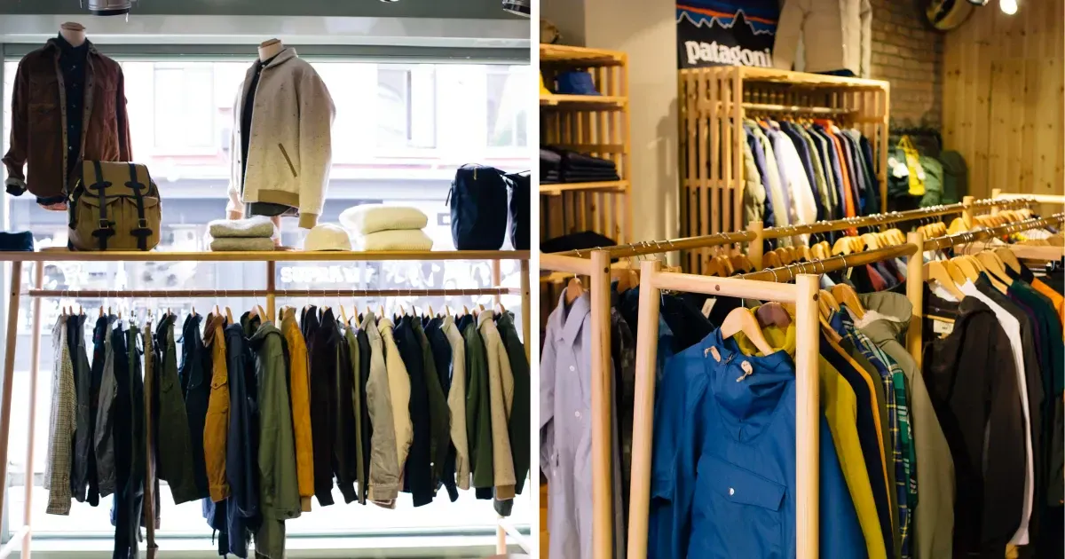 Men clothing shop, casual clothes on hangers and shelves in apparel store  Stock Photo