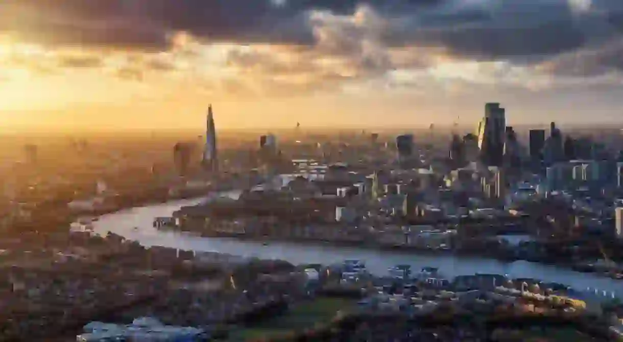 Dramatic sunset view of the iconic skyline of London, England