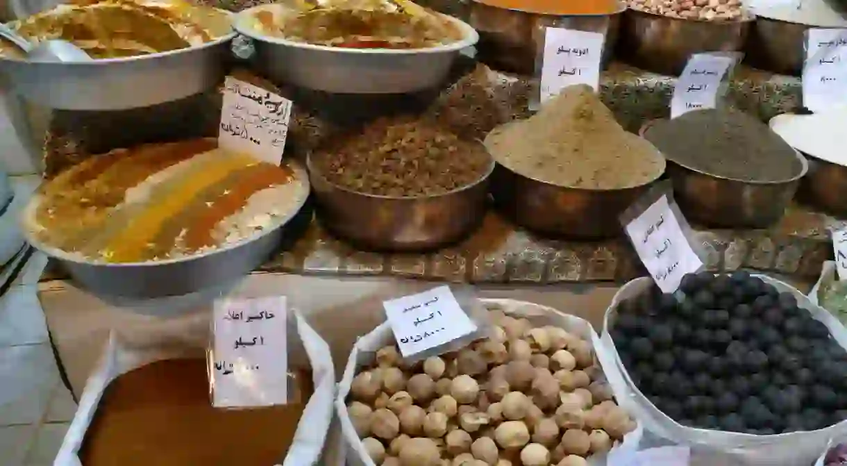 Spices and dry fruits at a shop in the Bazaar-e Vakil, Iran