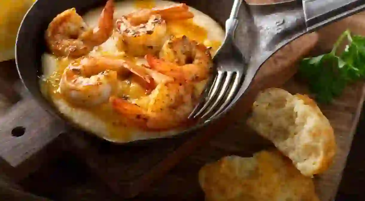 Cajun style shrimp and grits with cheddar