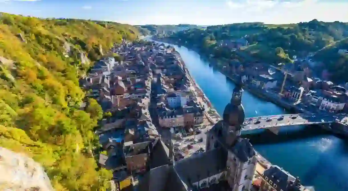Aerial view of Dinant, Belgium and river Meuse