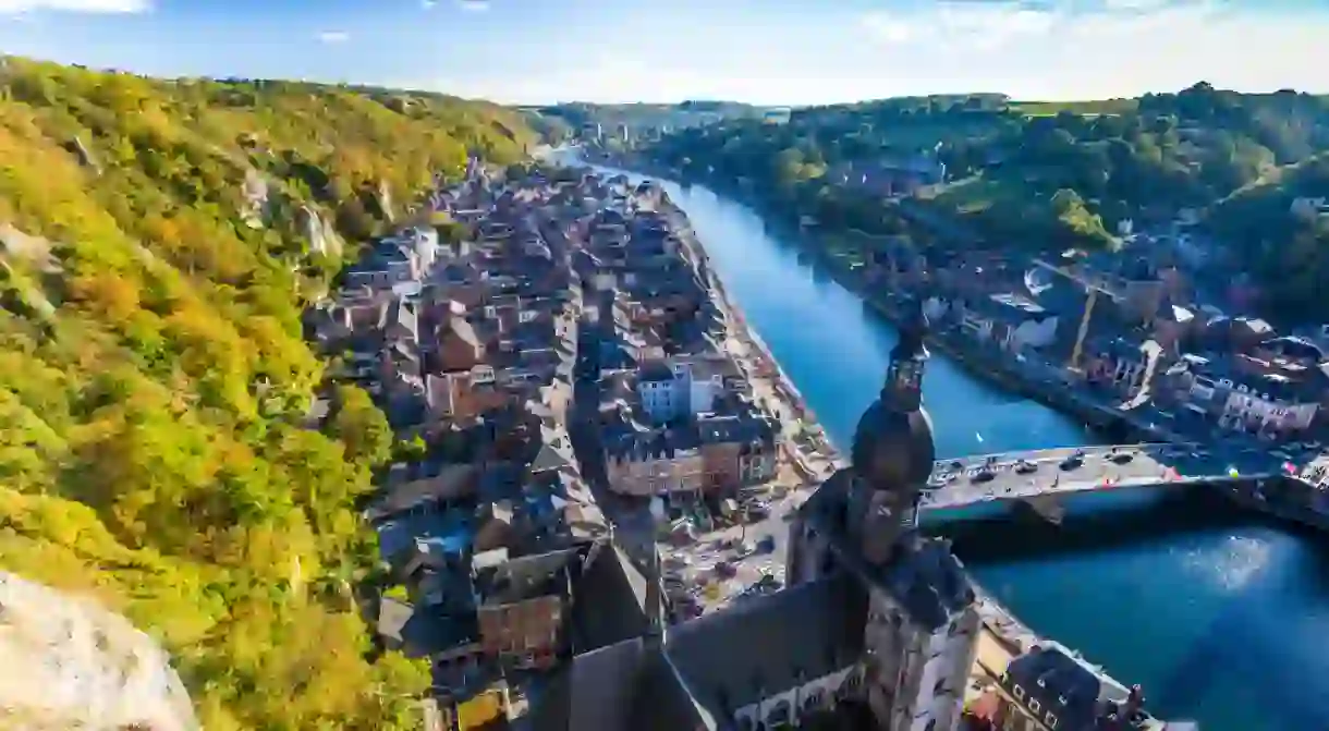 Aerial view of Dinant, Belgium and river Meuse