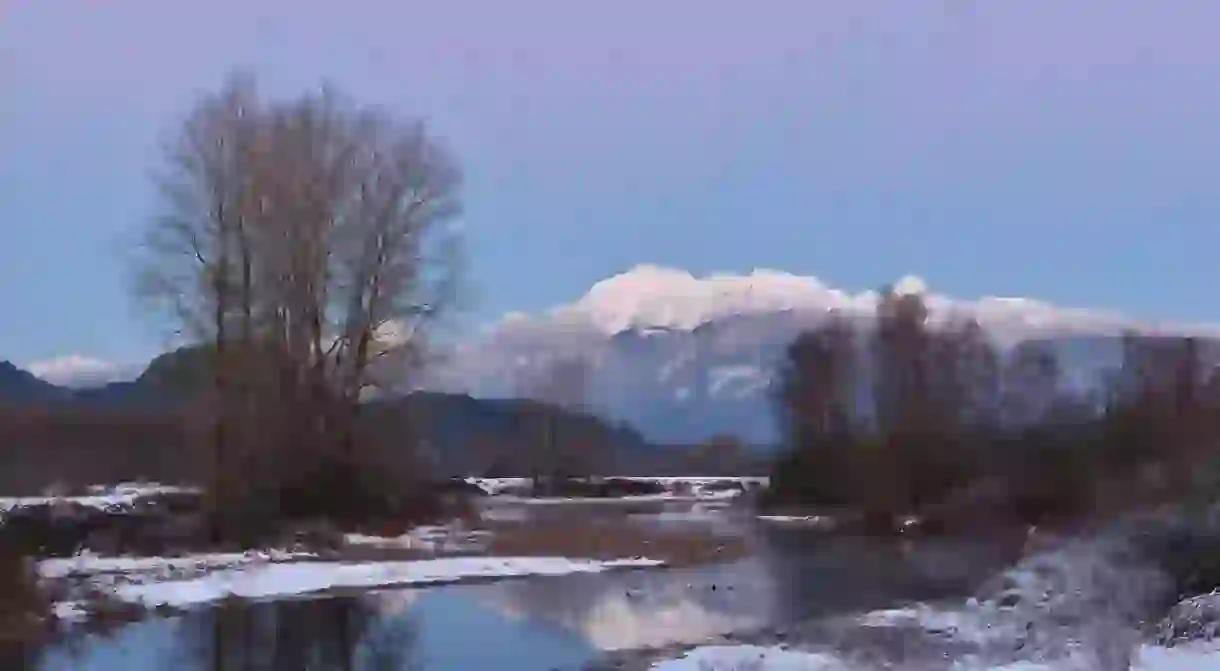 Pitt River and Golden Ears Mountain after sunset, Coquitlam, British Columbia