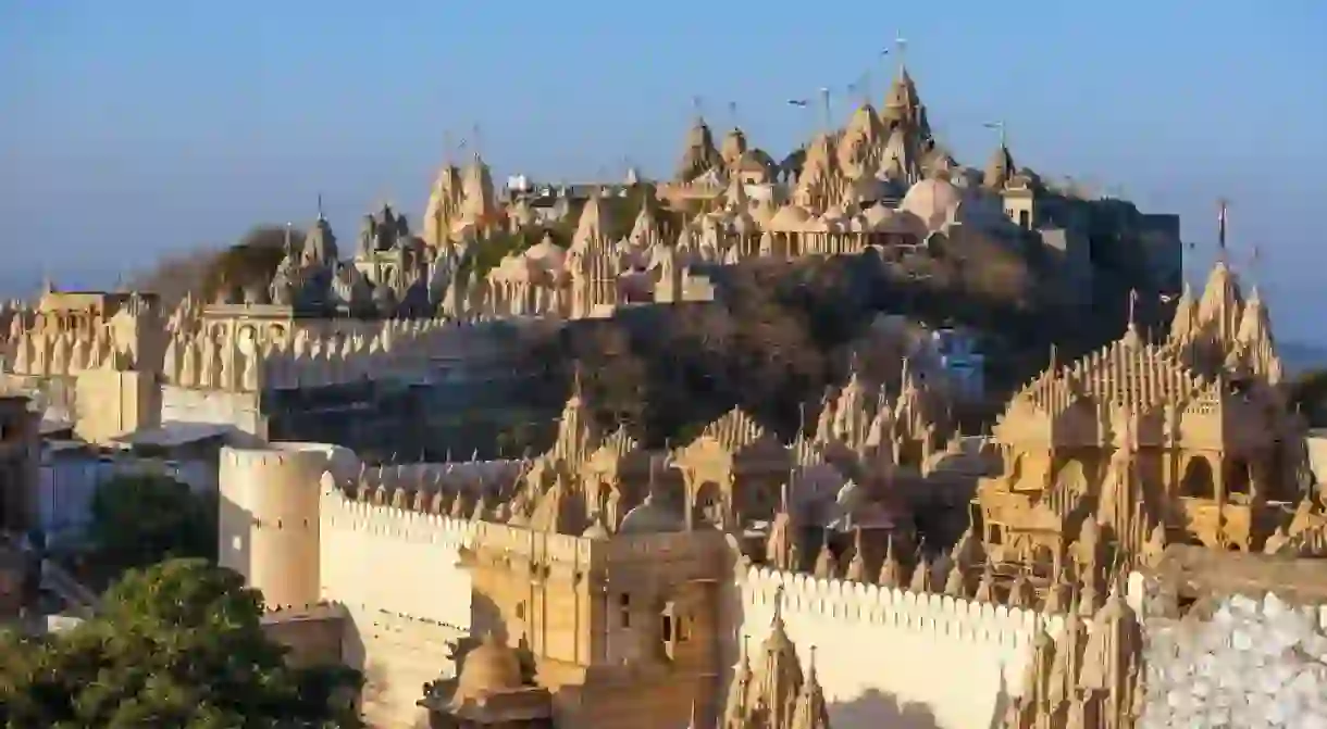 Jain temples on top of Shatrunjaya hill in Palitana, Gujarat, India