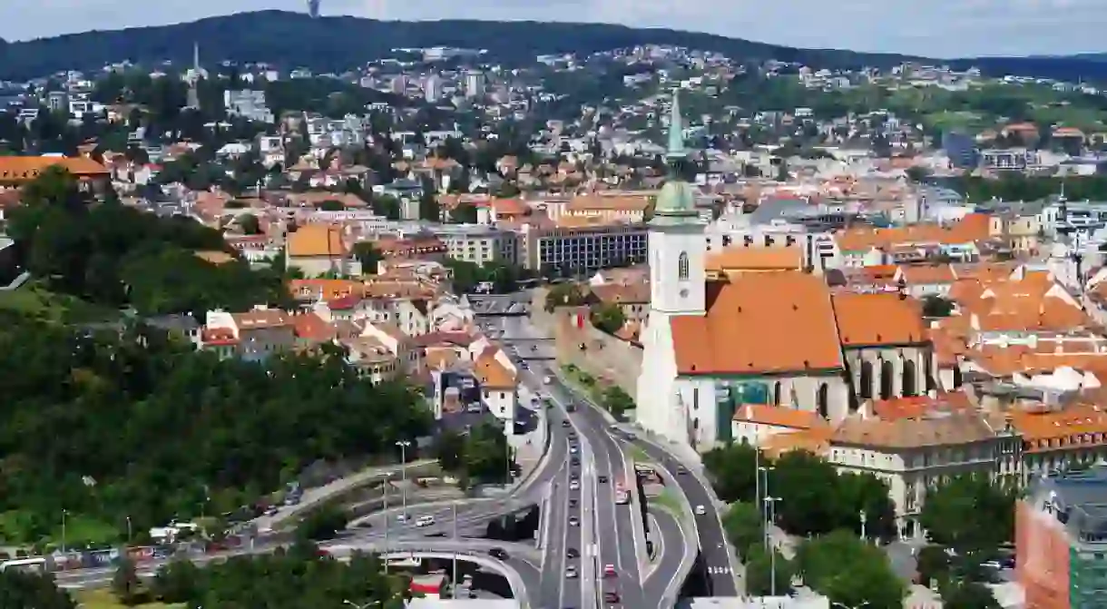 The view of St. Martin’s Cathedral and Bratislava’s Old Town from the UFO Tower