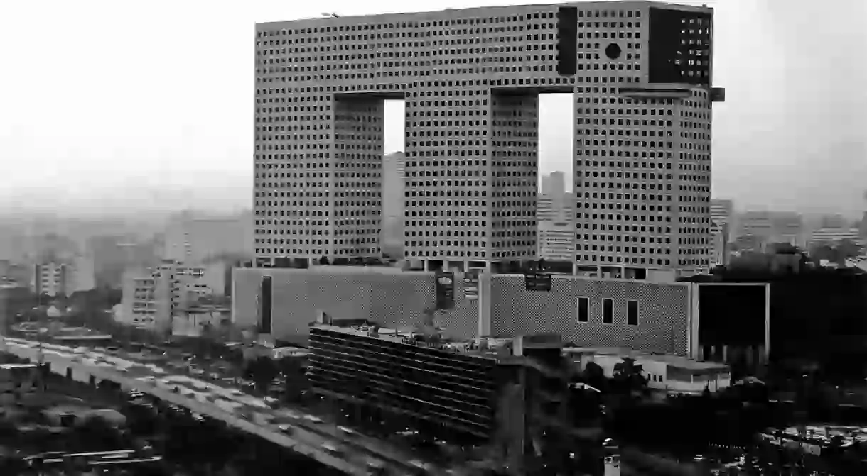 Bangkoks iconic Elephant Tower in black and white