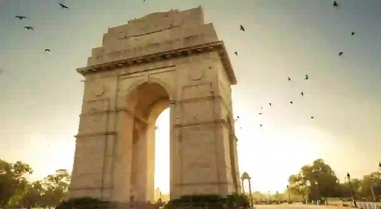 Birds flying over India Gate, New Delhi