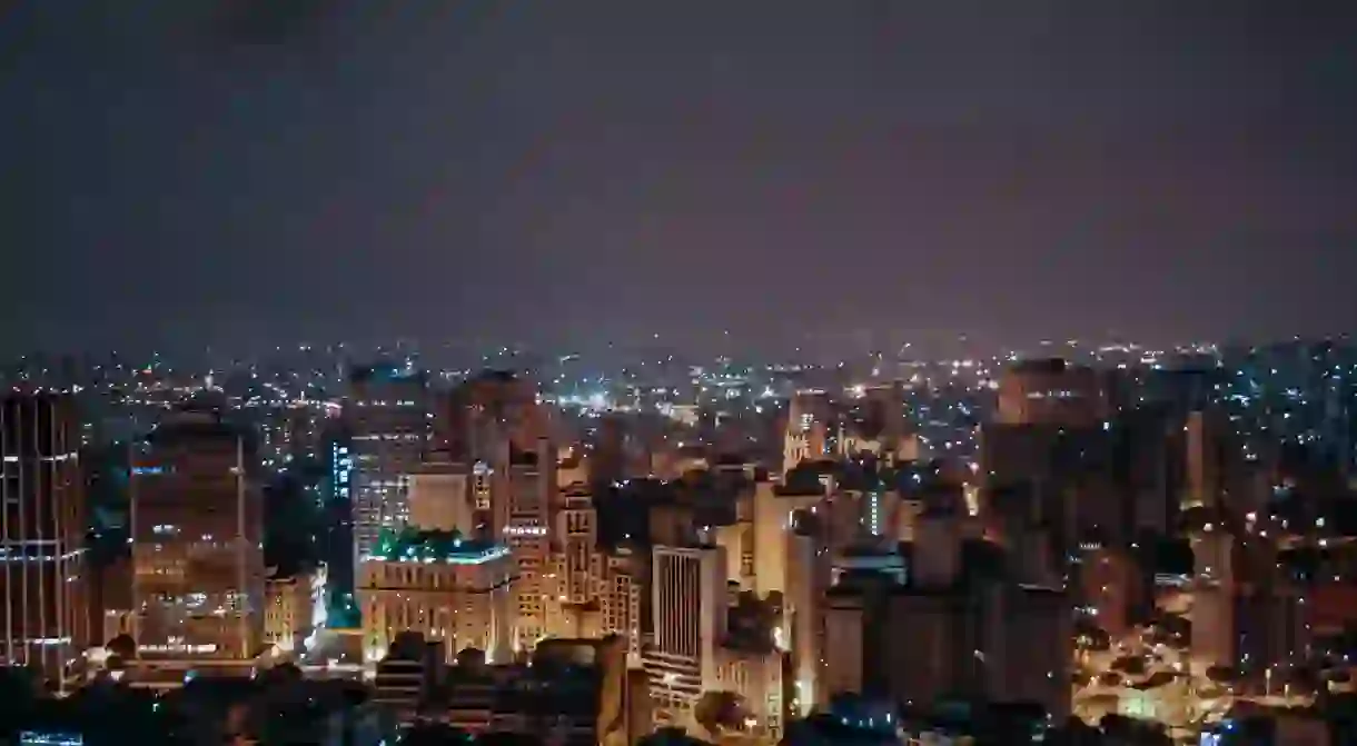 Ariel view of city buildings during night time