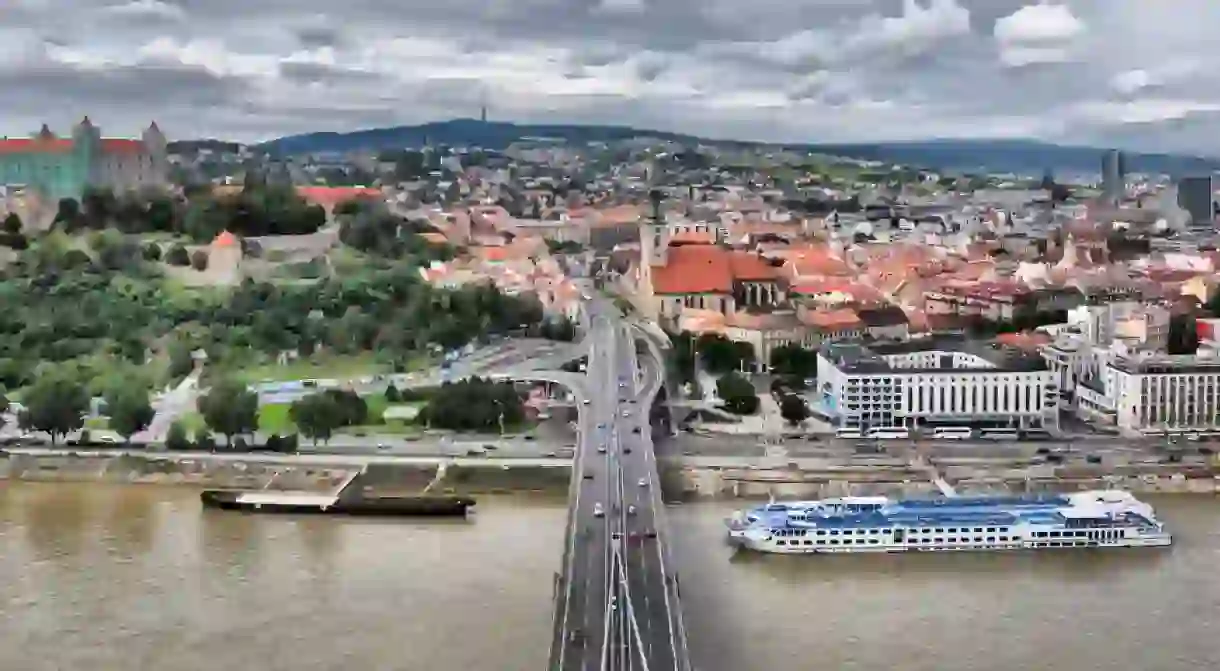 A view of the Old Town in Bratislava from the UFO tower on the bridge