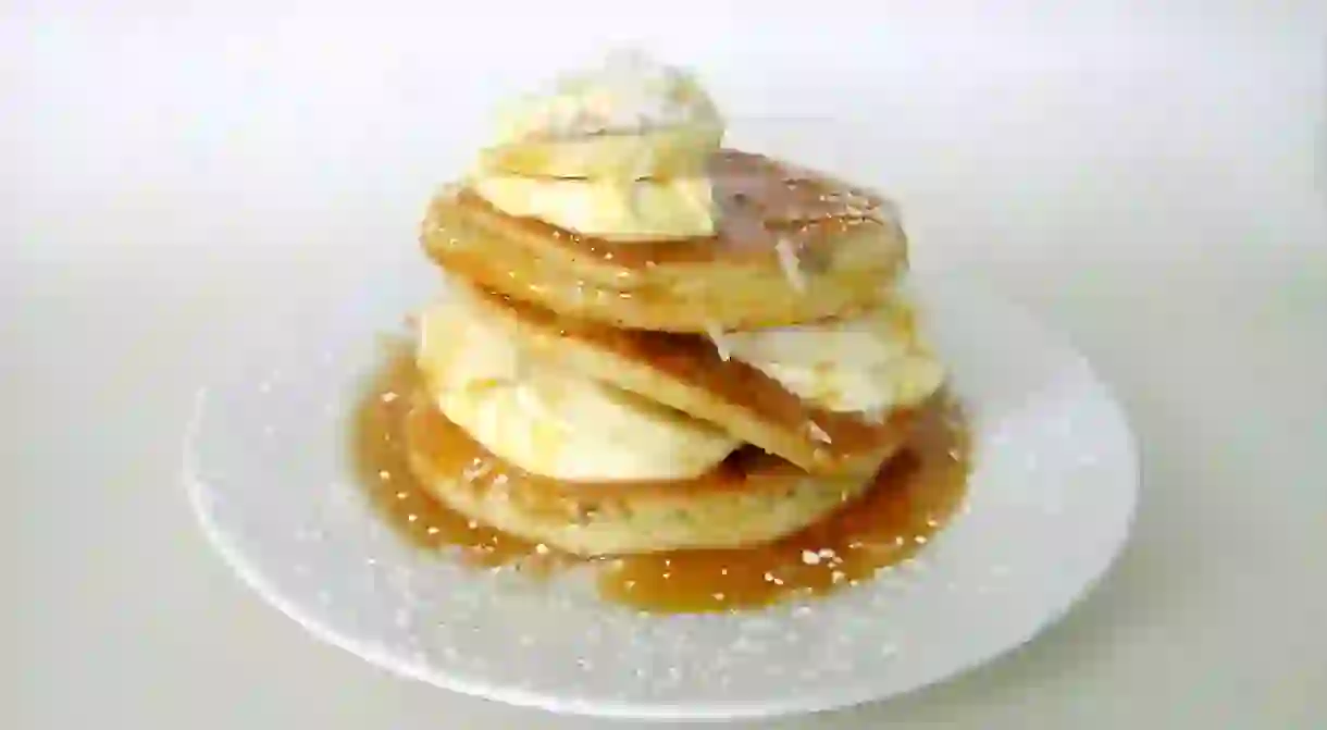 Coconut Pancakes With Bananas And Caramel Sauce