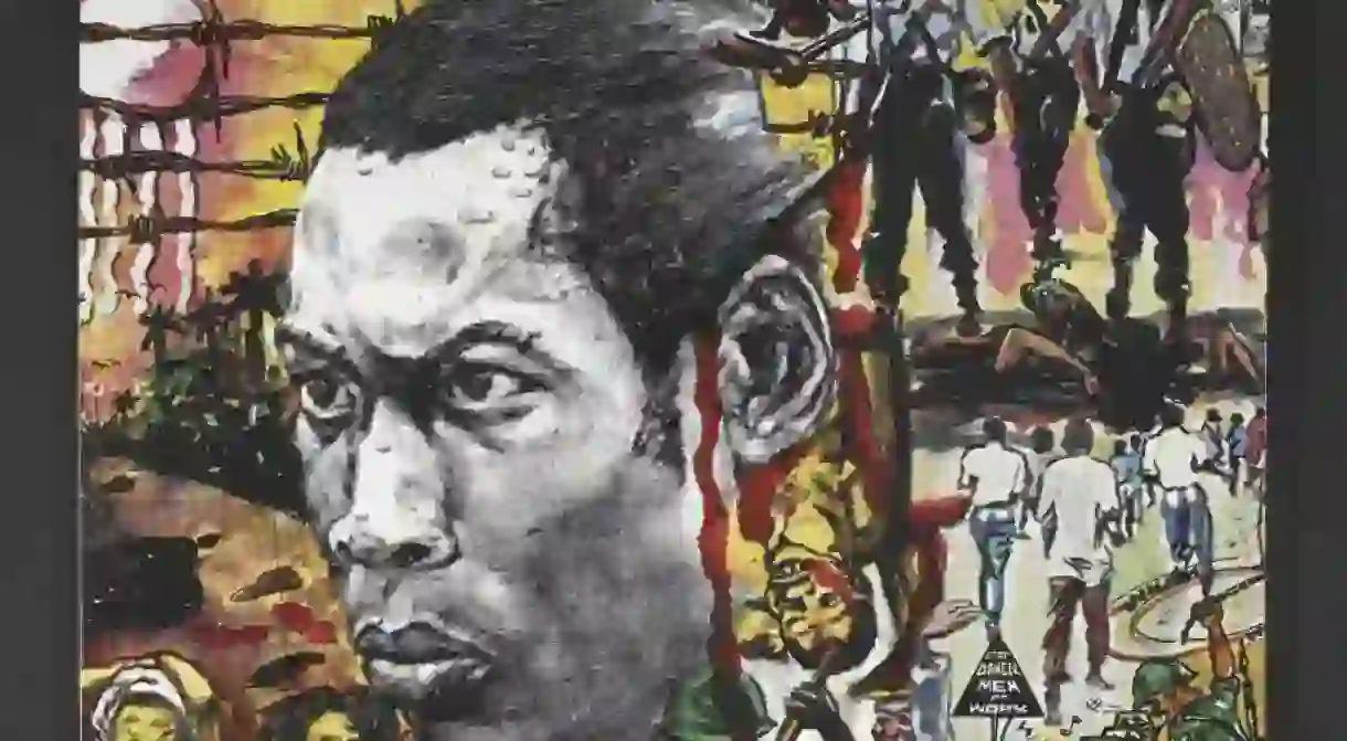 The album artwork for Fela Kutis Sorrow Tears and Blood designed by Lemi Ghariokwu, 1977. On display in West Africa: Word, Symbol, Song / Courtesy of Lemi Ghariokwu and British Library