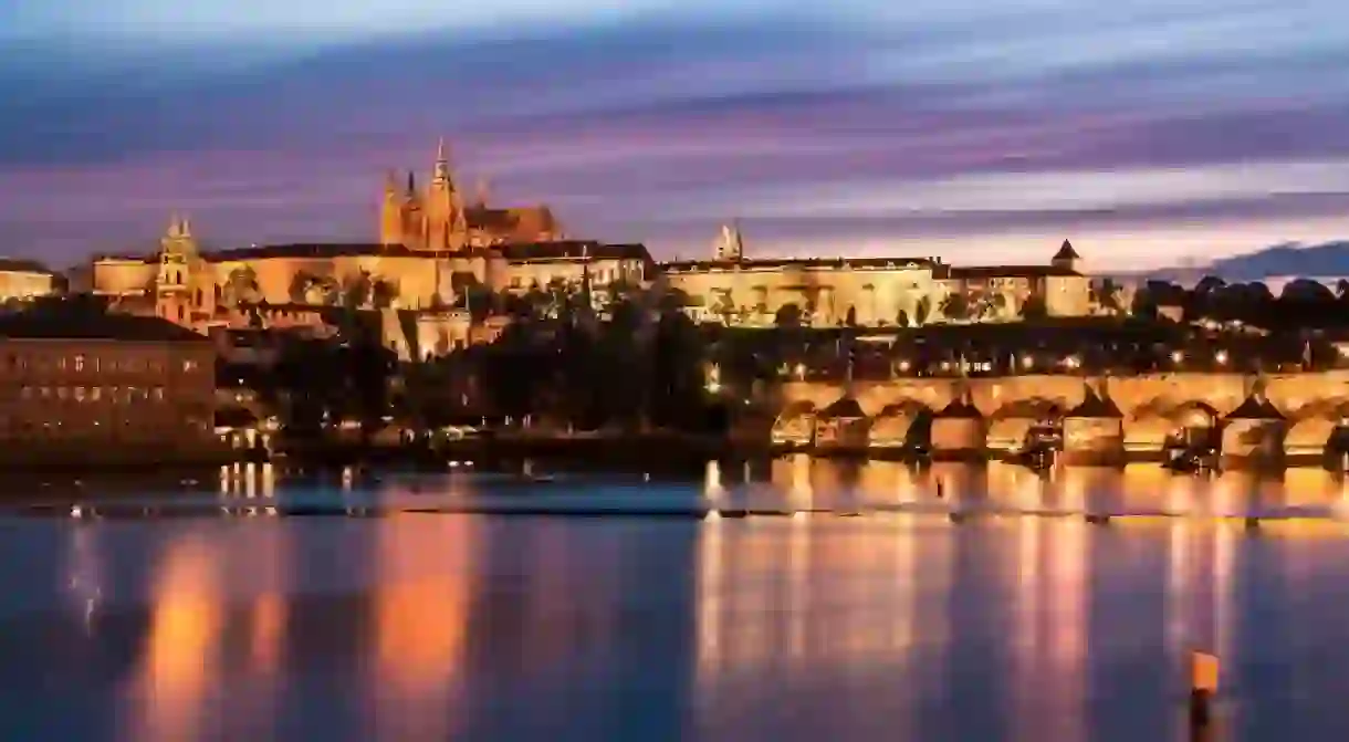 The River Vlatva in Prague at dusk, seen from Old Town