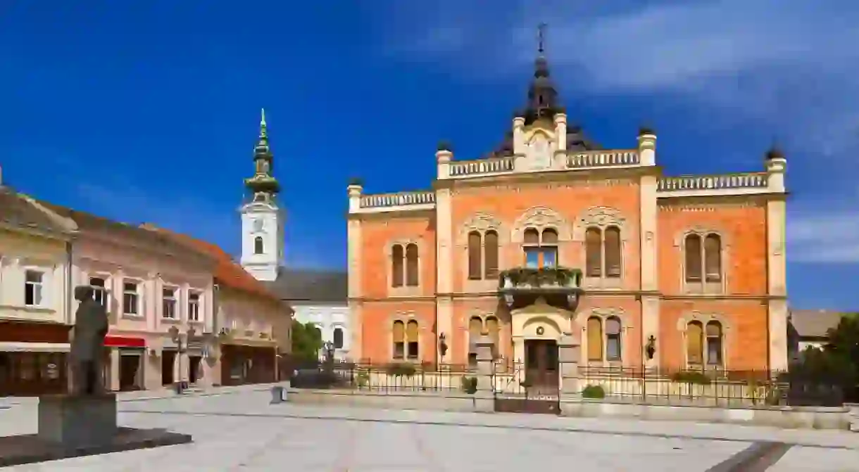 Jovan Jovanović Zmaj stands in front of the Bishop’s Palace