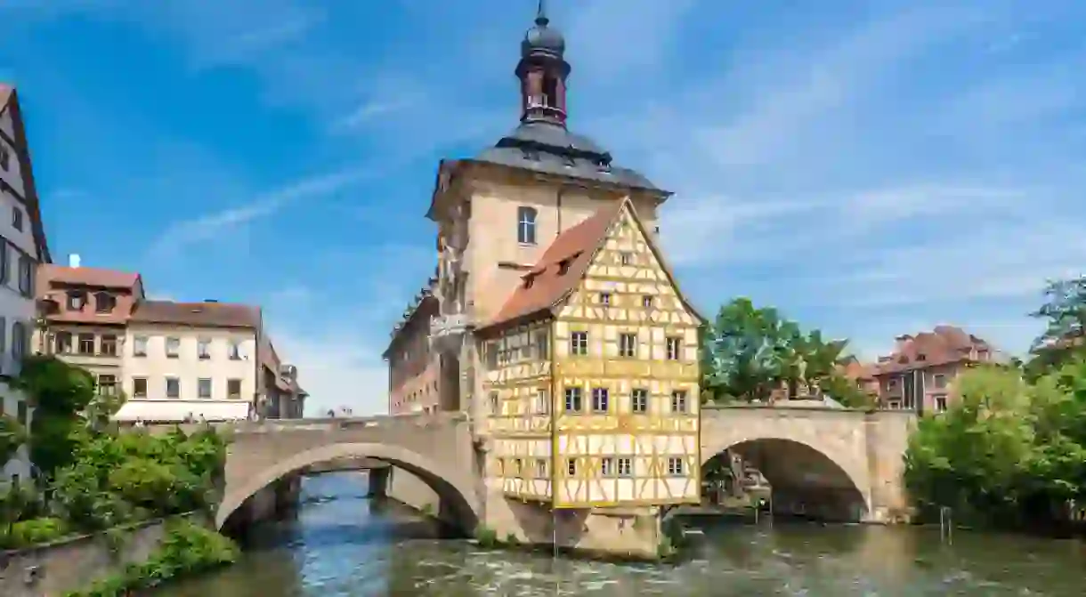 Historical city hall of Bamberg on the bridge across the river Regnitz, Bamberg, Germany I