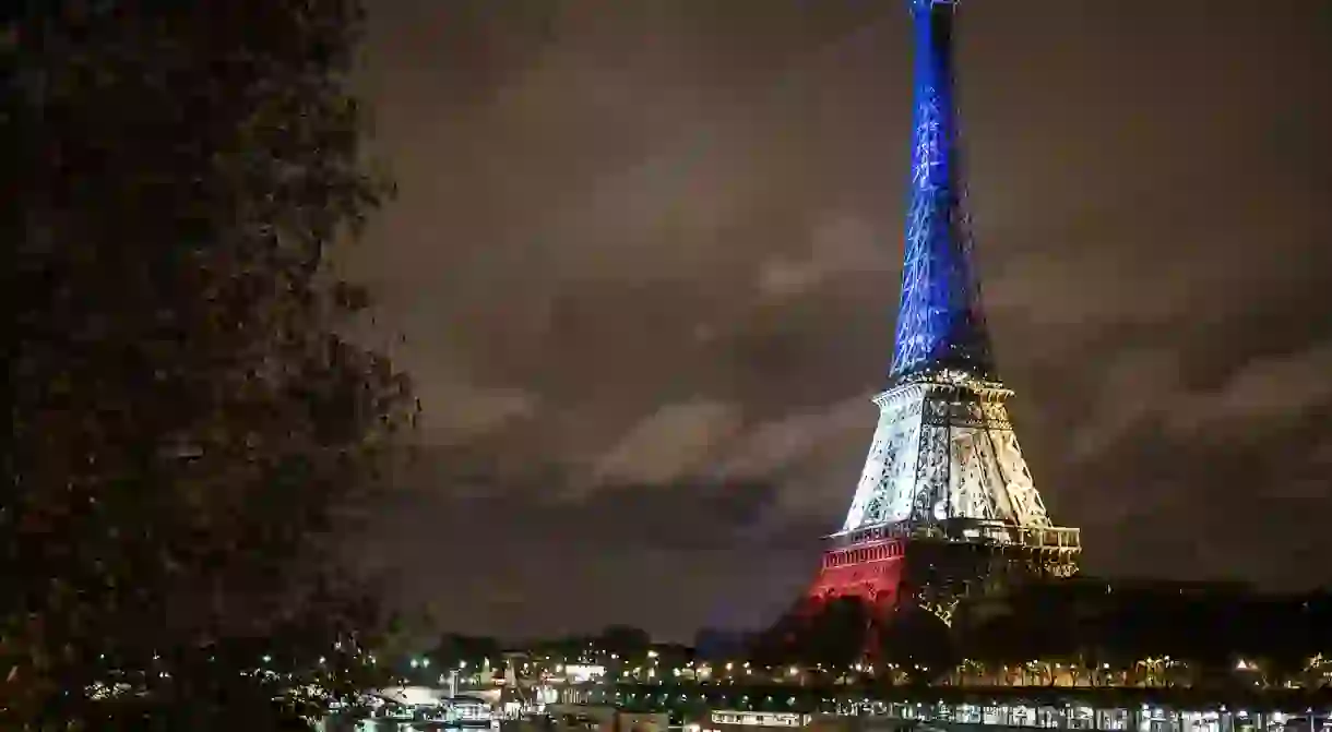 Eiffel Tower from Bir-Hakeim, in blue, white and red