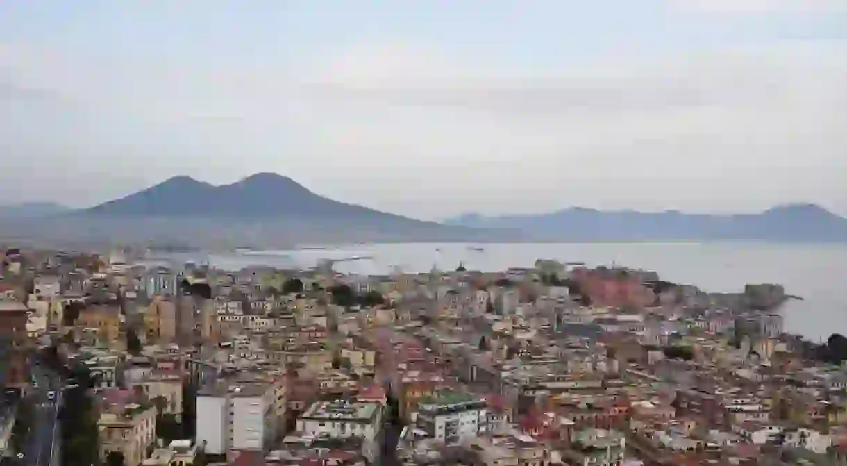 Aerial shot of Naples and Mount Vesuvius