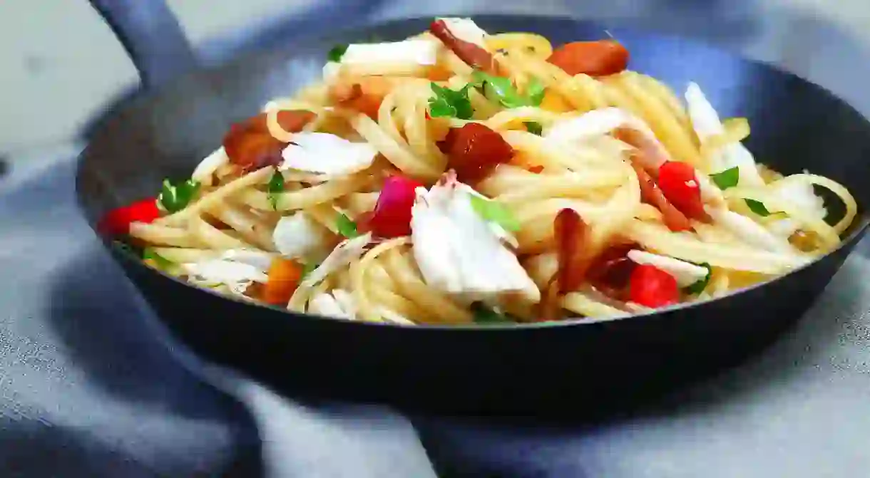 Crab linguine features on the menu