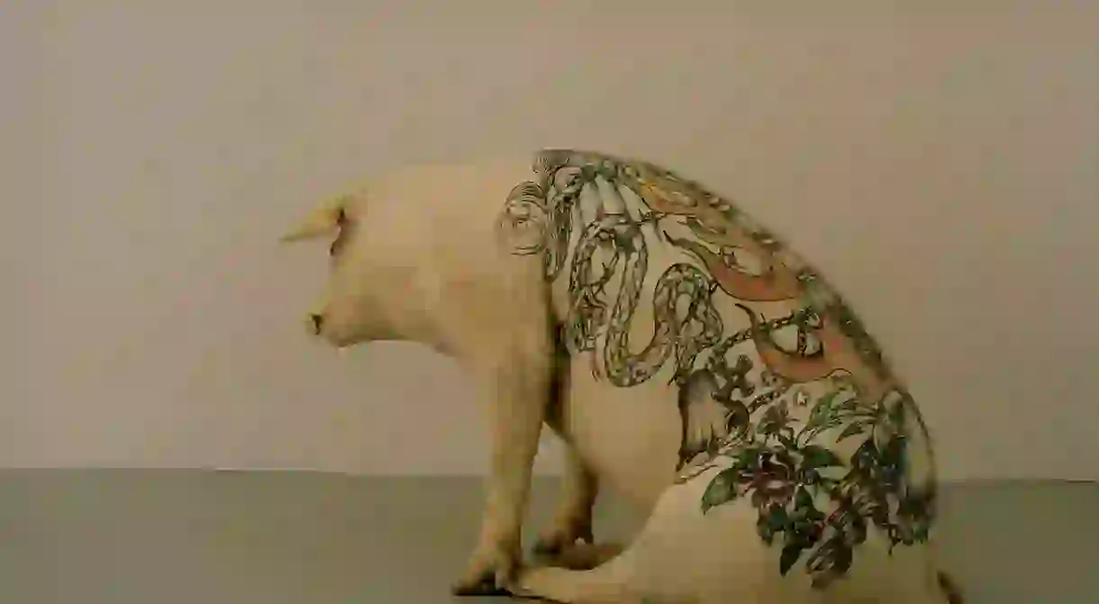 A tattooed pig of Delvoyes art farm project