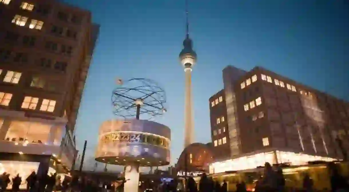 landmarks in alexanderplatz, berlin, the fernsehturm and the Weltzeituhr world clock