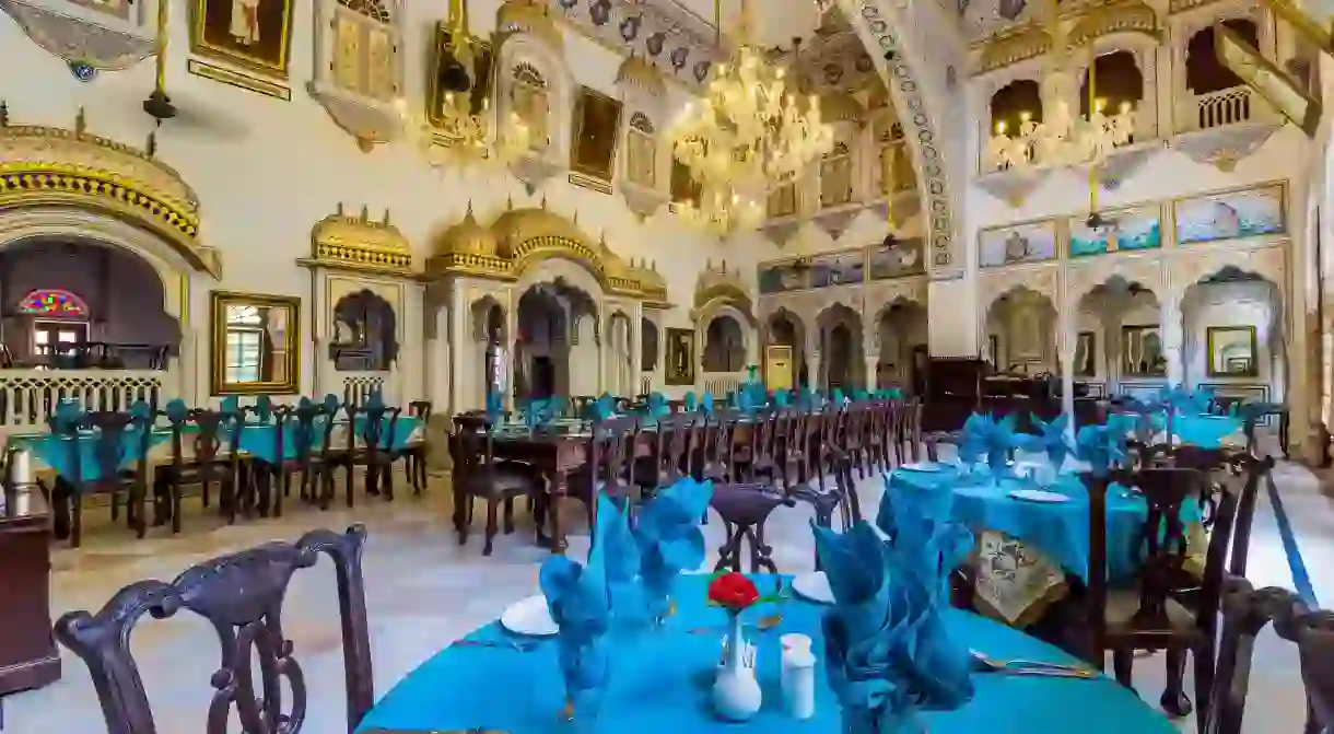 Darbar hall of Alsisar Mahal, now serves as a dining room.