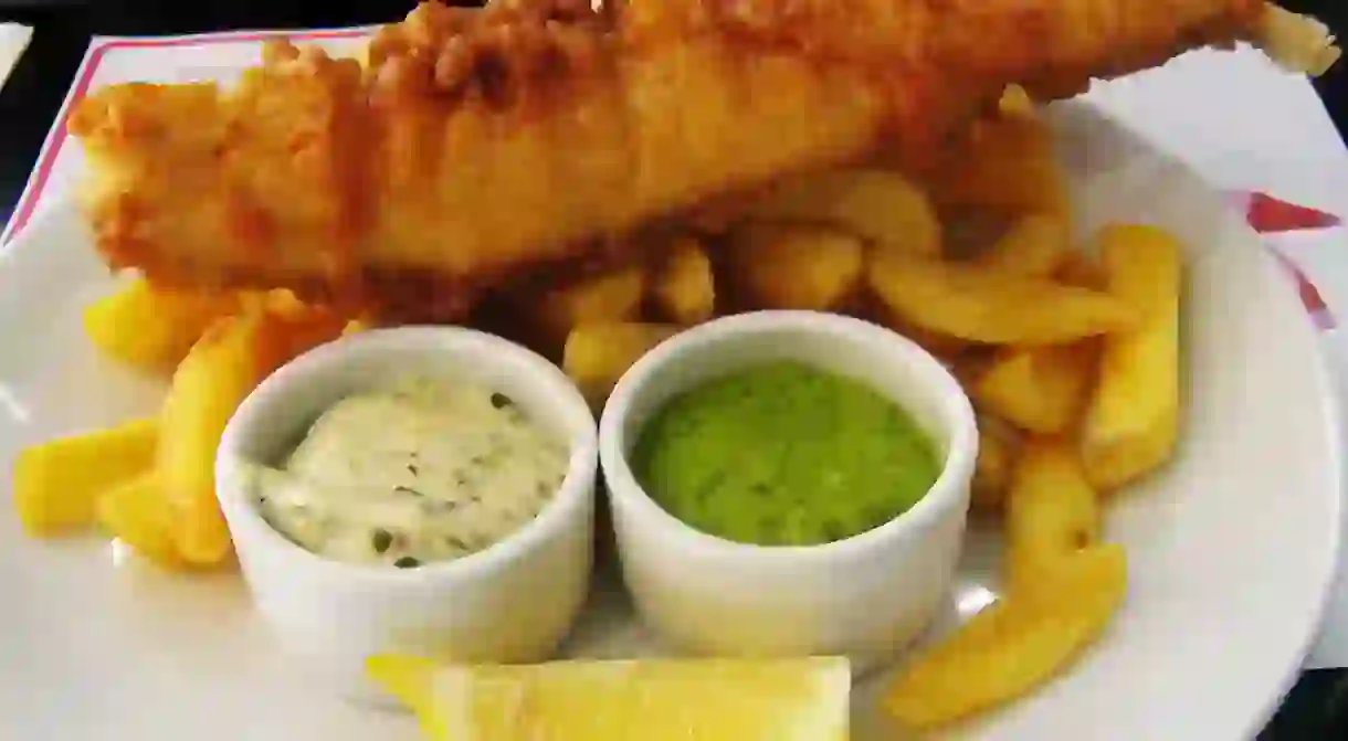 Fish, chips and mushy peas