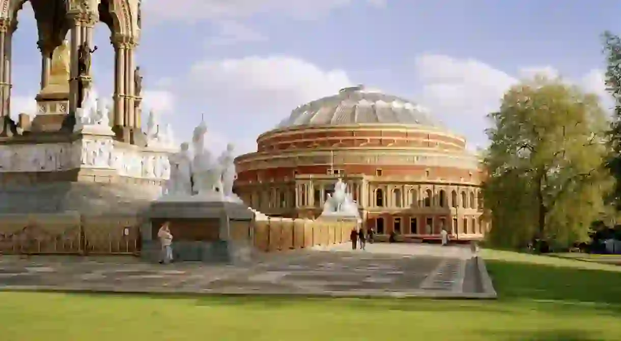 The Albert Memorial and the north facing entrance to the Royal Albert Hall.