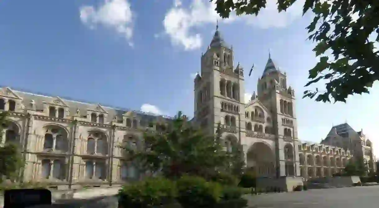 An exterior view of the main entrance to the Natural History Museum, London.