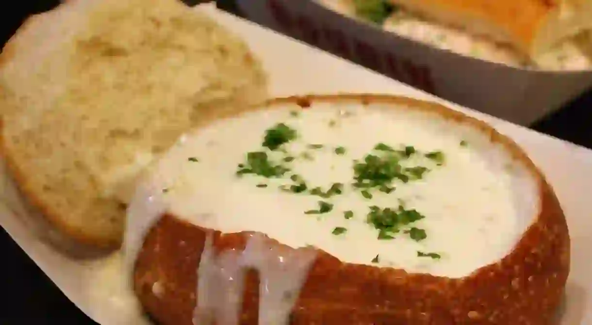 clam chowder in a sourdough bread bowl