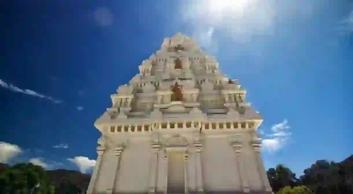 Pyramid-like tower at the Malibu Hindu Temple