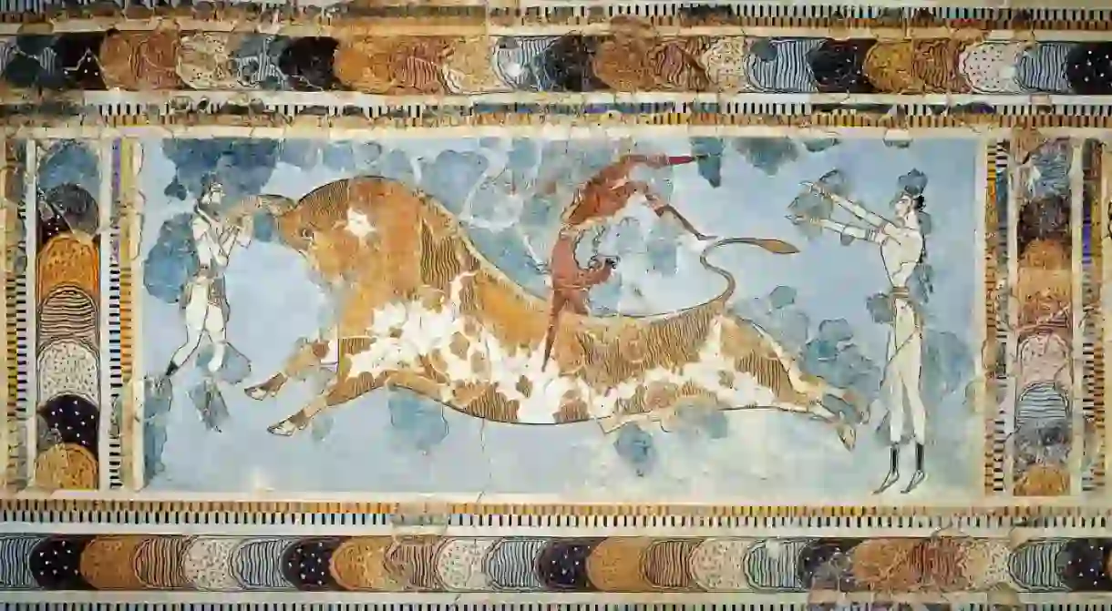 The bull-leaping fresco (circa 1600 - 1450 BCE), found in Knossos palace, Crete, Greece.