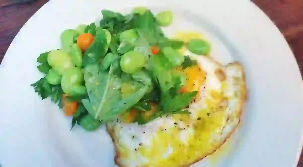 Green Lima Beans Salad and Fried Egg,