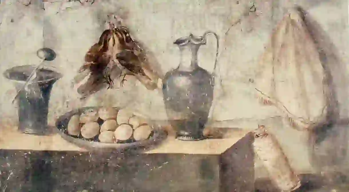Artist unknown, Still life with eggs, birds and bronze dishes, from the House of Julia Felix, Pompeii, 50-79 BCE