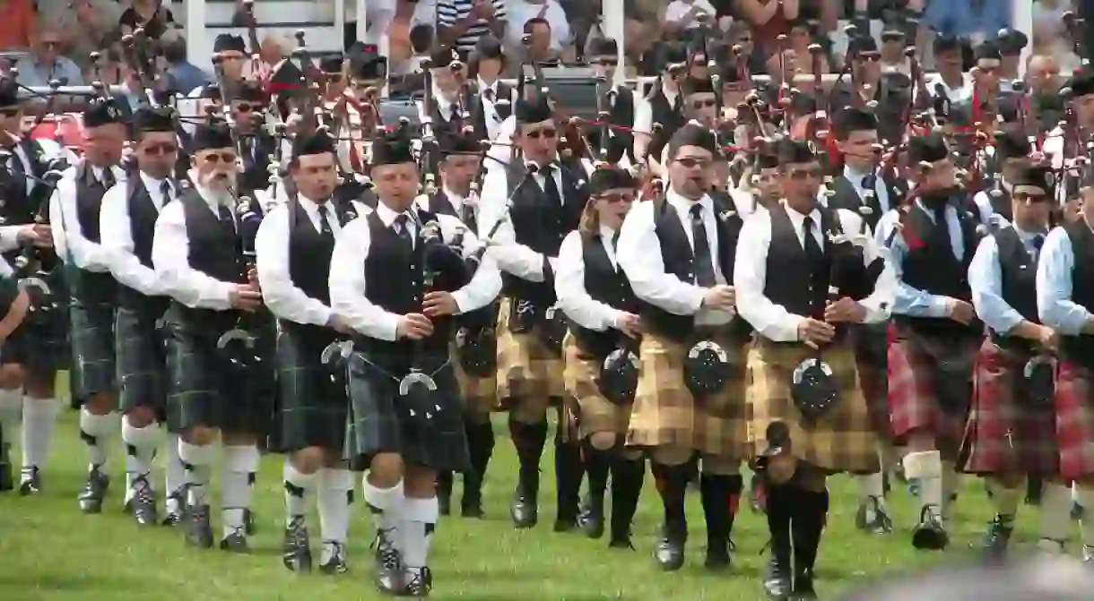 Massed bands playing at the Glengarry Highland Games