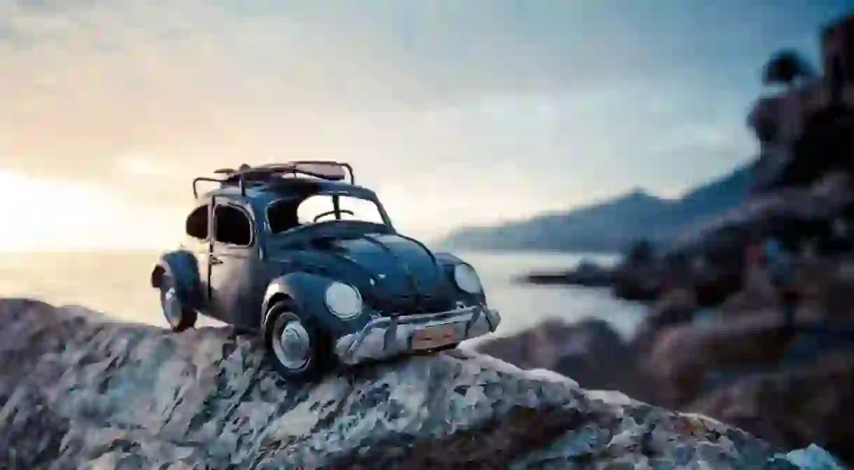 Black vw beetle, Riding the shore, Camogli Italy