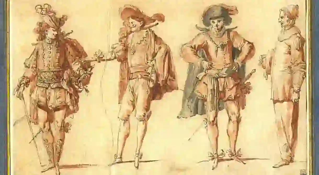 Four Commedia dell’Arte Figures. Pen and black ink, grey and red wash, 11.7 x 19 cm by Claude Gillot