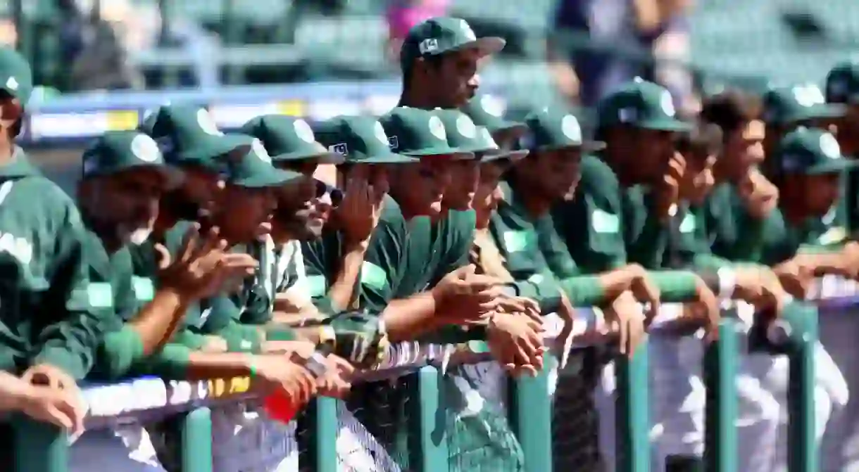 Members of Team Pakistan in the dugout during Game 1 of the 2016 World Baseball Classic Qualifier