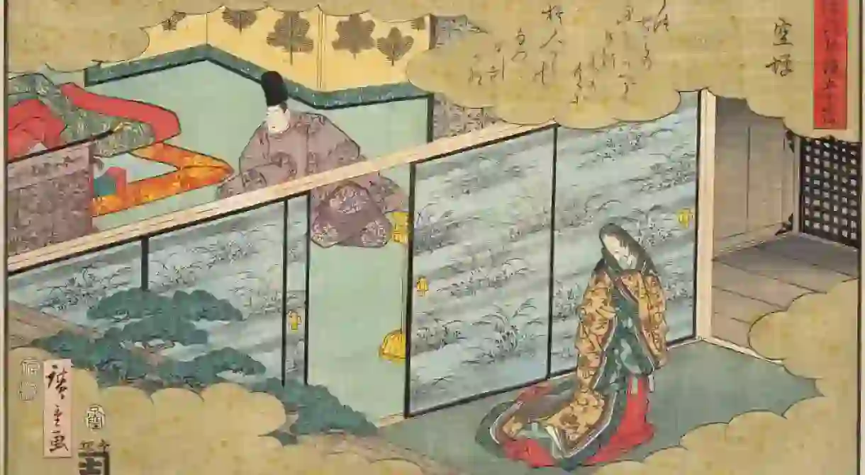 A woodblock print from 1852 featuring a scene from The Tale of Genji