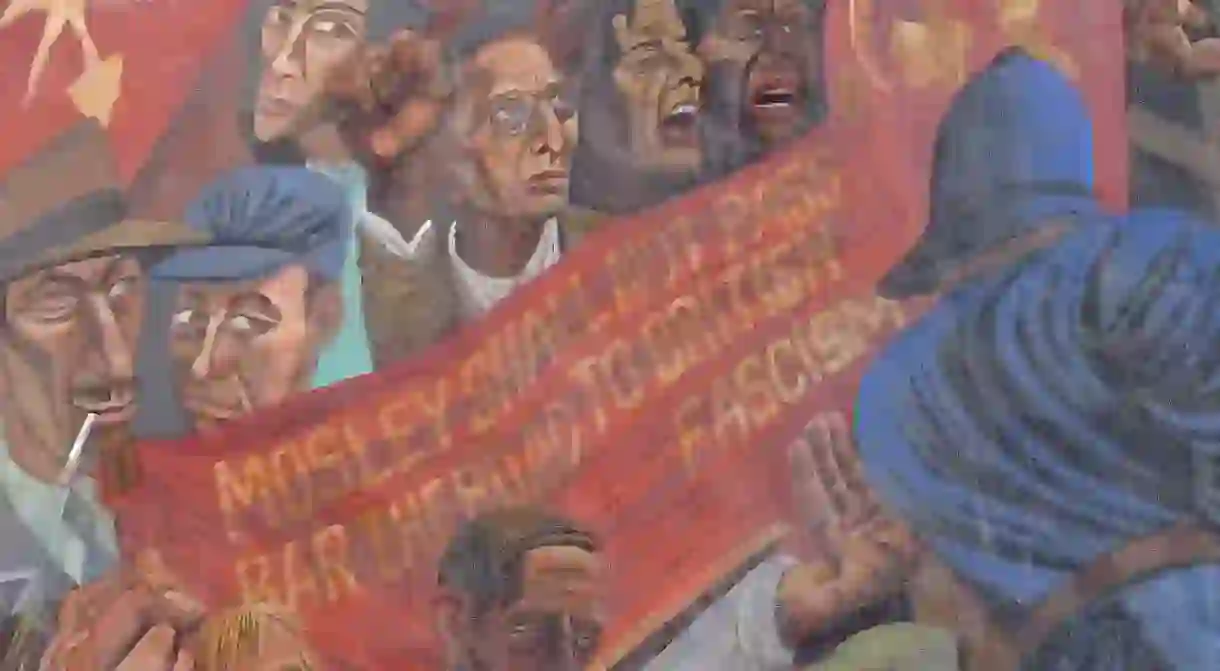 A section of the mural to the Battle of Cable Street, designed by Dave Binnington Savage in 1979