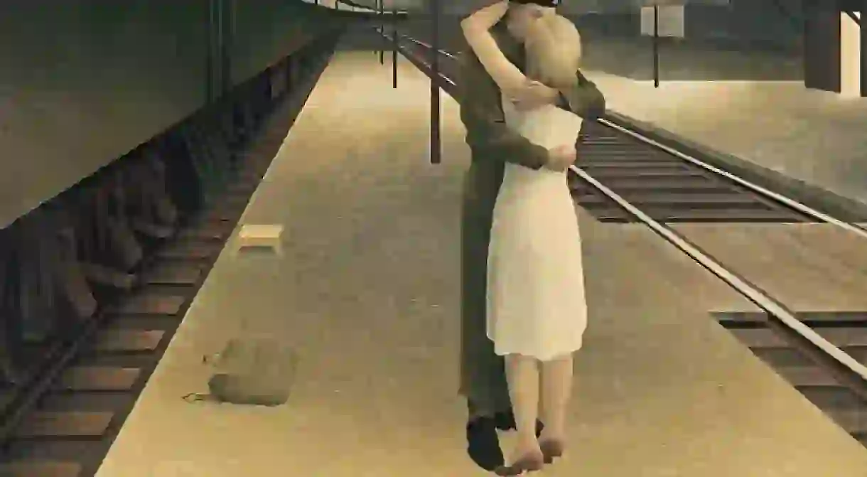 Alex Colville, Soldier and Girl at Station, 1953. Glazed tempera on hardboard, 40.6 x 61 cm. The Thomson Collection