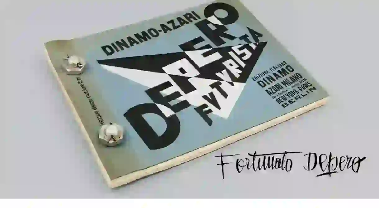 Pages and spreads from Depero Futurista, Dinamo-Azari, Milan, Italy, 1927, artists book bound with bolts, 32 x 24.2 cm.