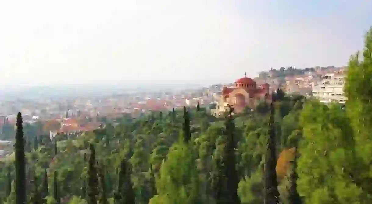 Church of St. Pavlo (Agios Pavlos) and aerial view of Thessaloniki, Greece