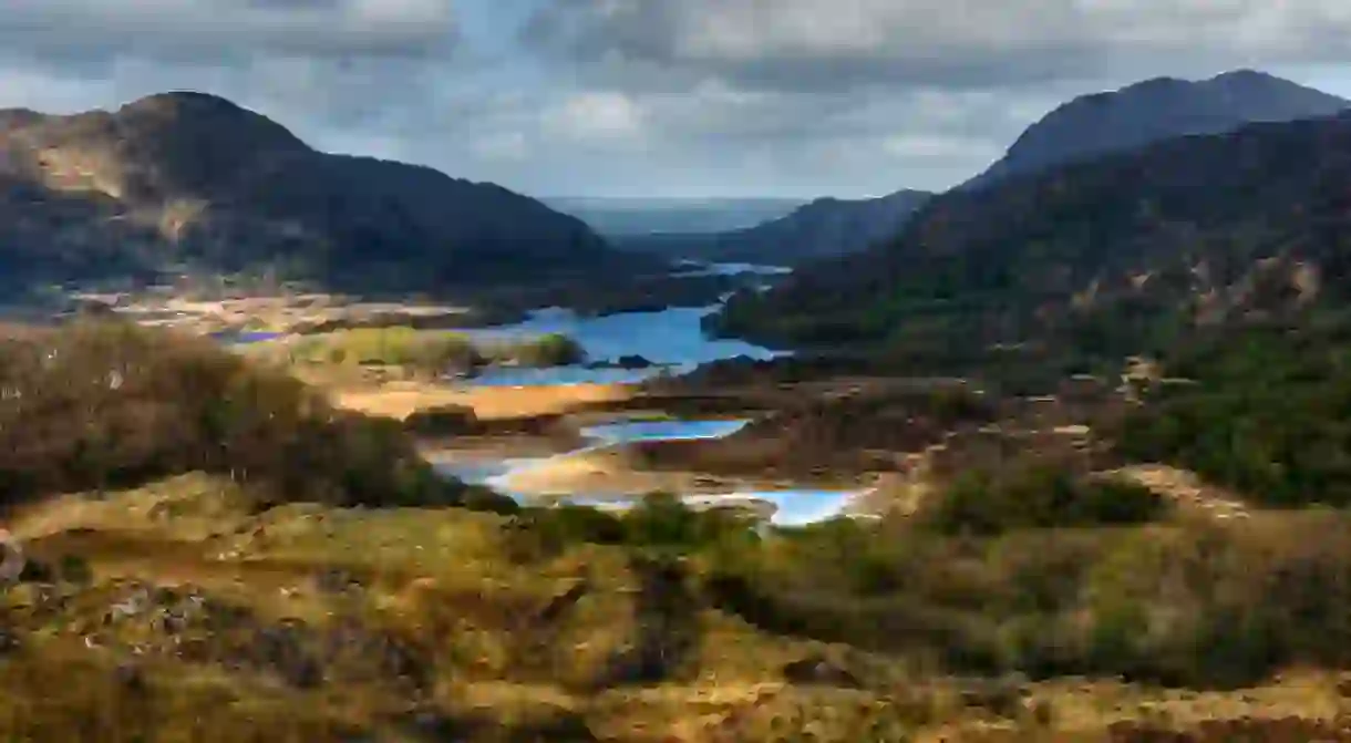 Distant view over lakes and mountains in Ring of Kerry, Ireland