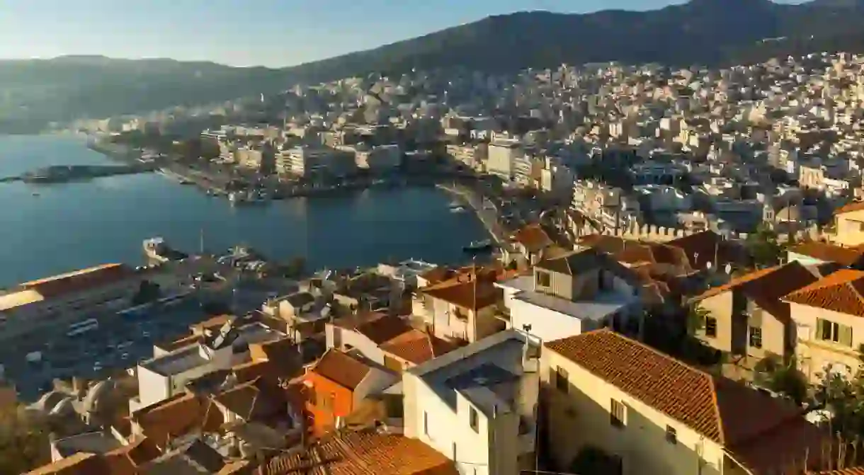 Panorama to old town and port of Kavala, East Macedonia and Thrace, Greece