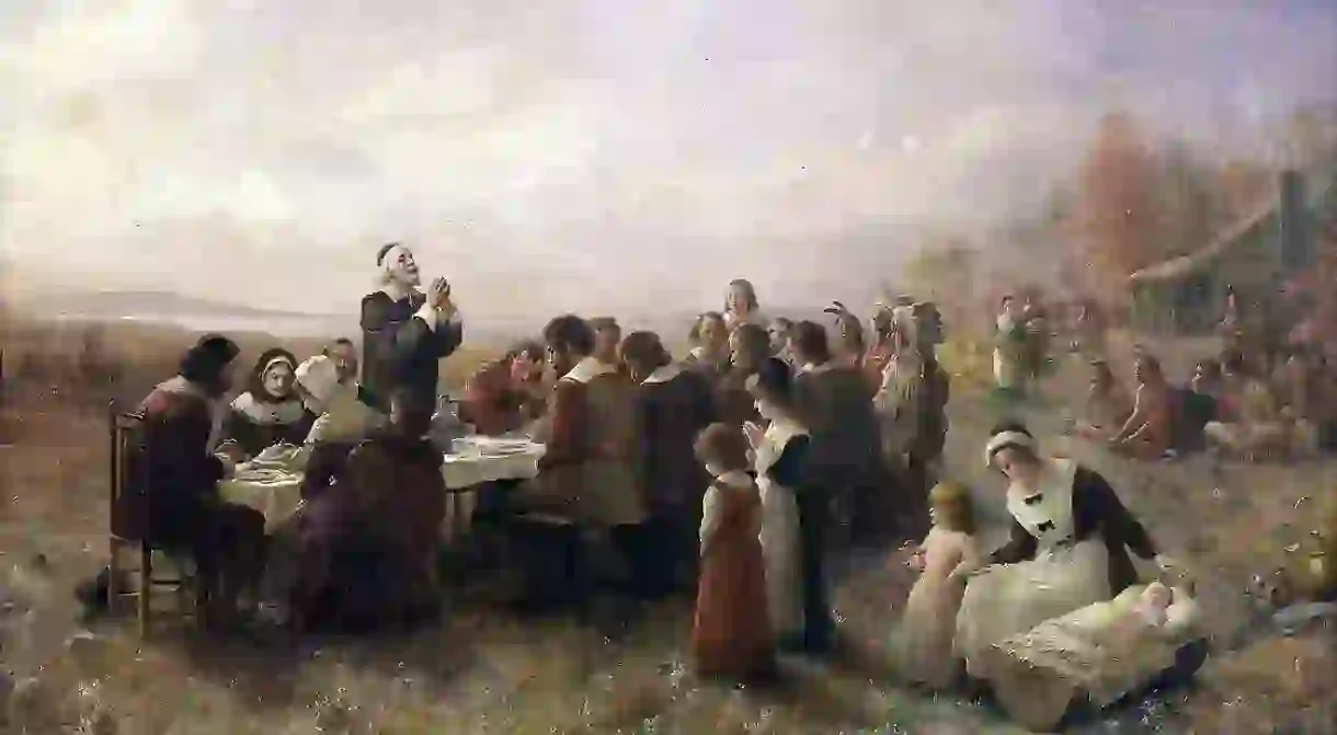 The First Thanksgiving at Plymouth, oil on canvas by Jennie Augusta Brownscombe (1914)