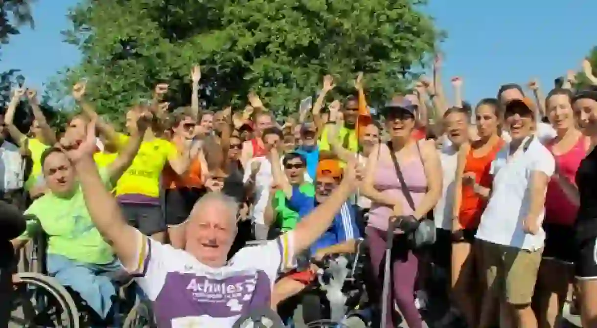 Dick Traum (front) became the first amputee to run a marathon when he ran the 1976 NYC Marathon.