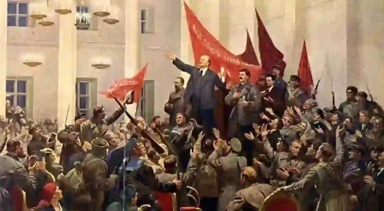 Lenin declares the Victory of the Socialist Revolution. The 7th of Nov, 1917, Stalin, not Trotsky, stands next to Lenin. 1953, by Sokolov-Skalia