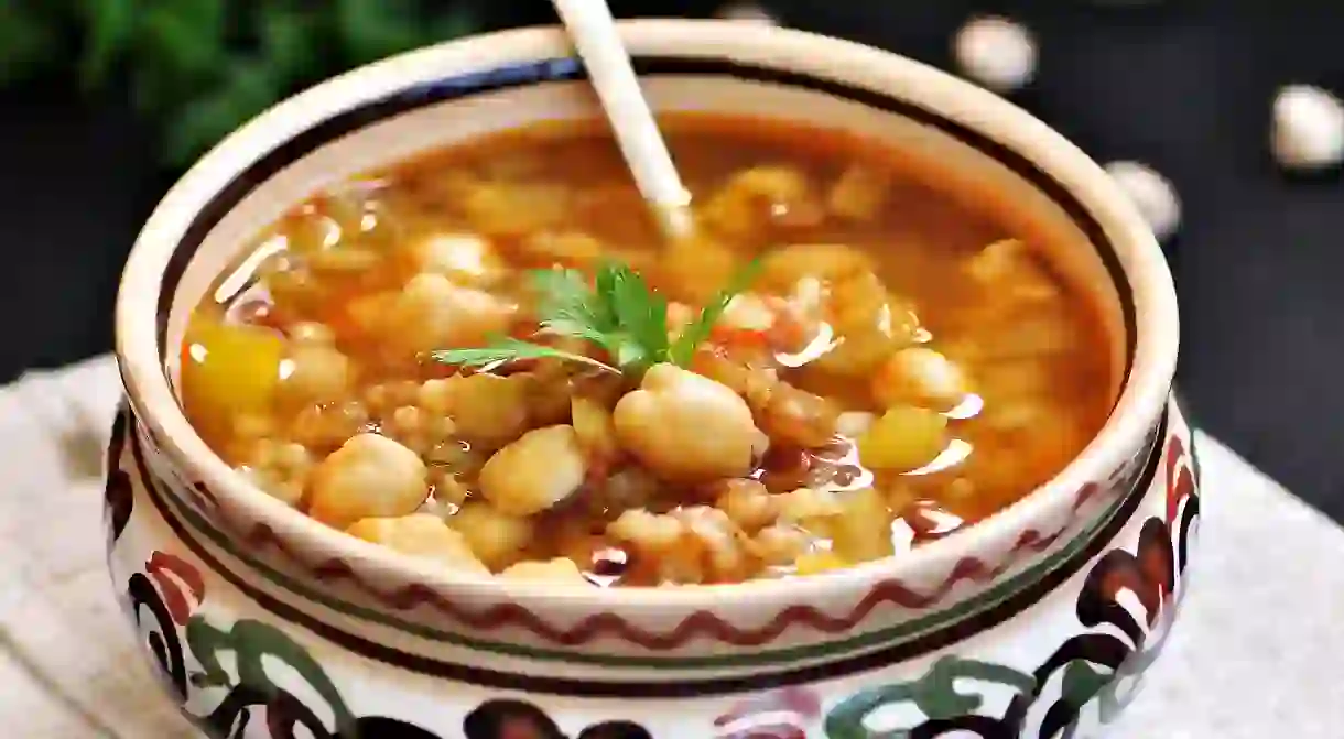 Moroccan harira soup in a traditional bowl