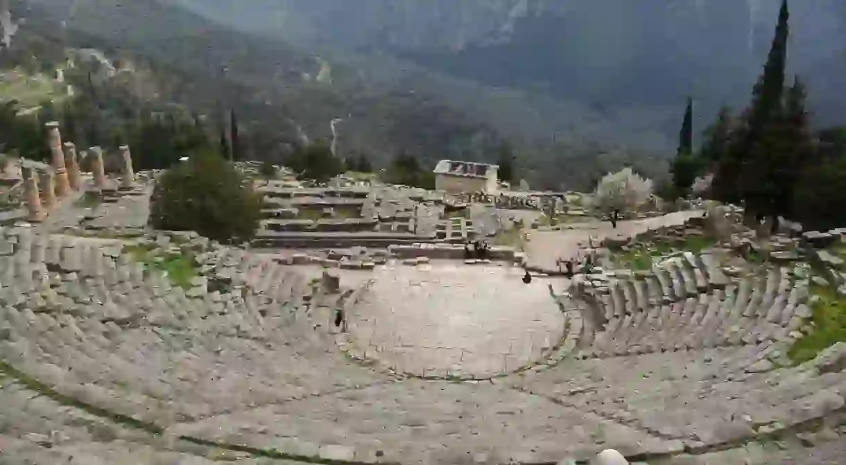 The Theatre of Delphi from above, with the base of Temple of Apollo